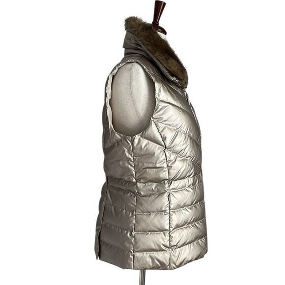 Talbots Metallic Taupe Down Puffer Vest Faux Fur Collar Women’s L - Picture 3 of 10